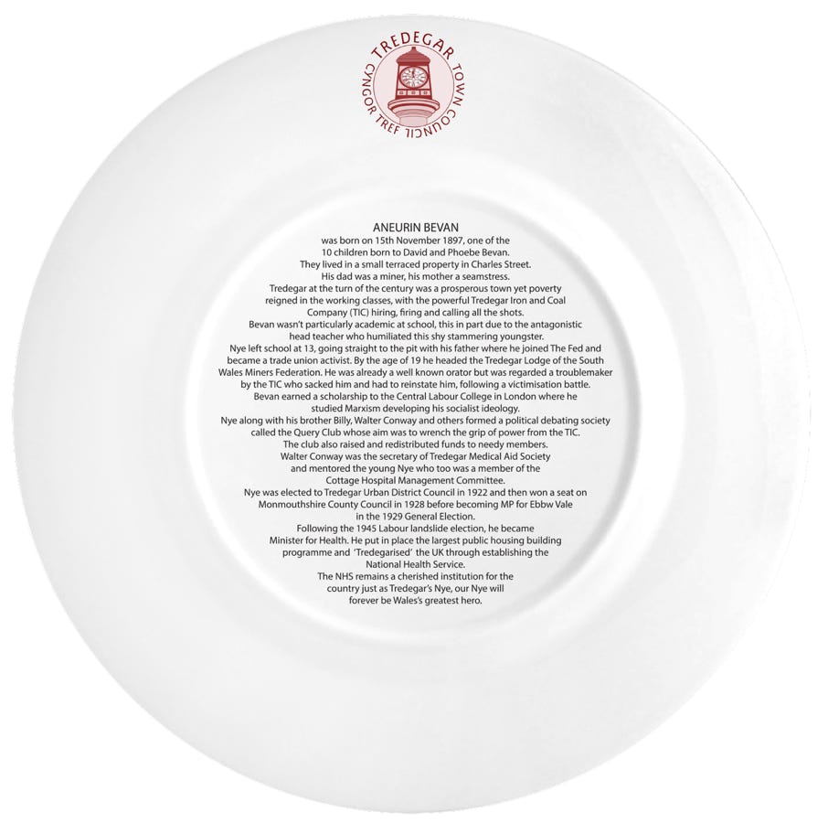 Bone china plate with historical text on the back