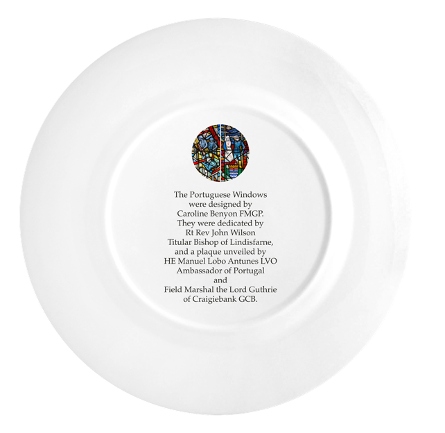 Commemorative text and full colour print on the reverse of a bone china plate