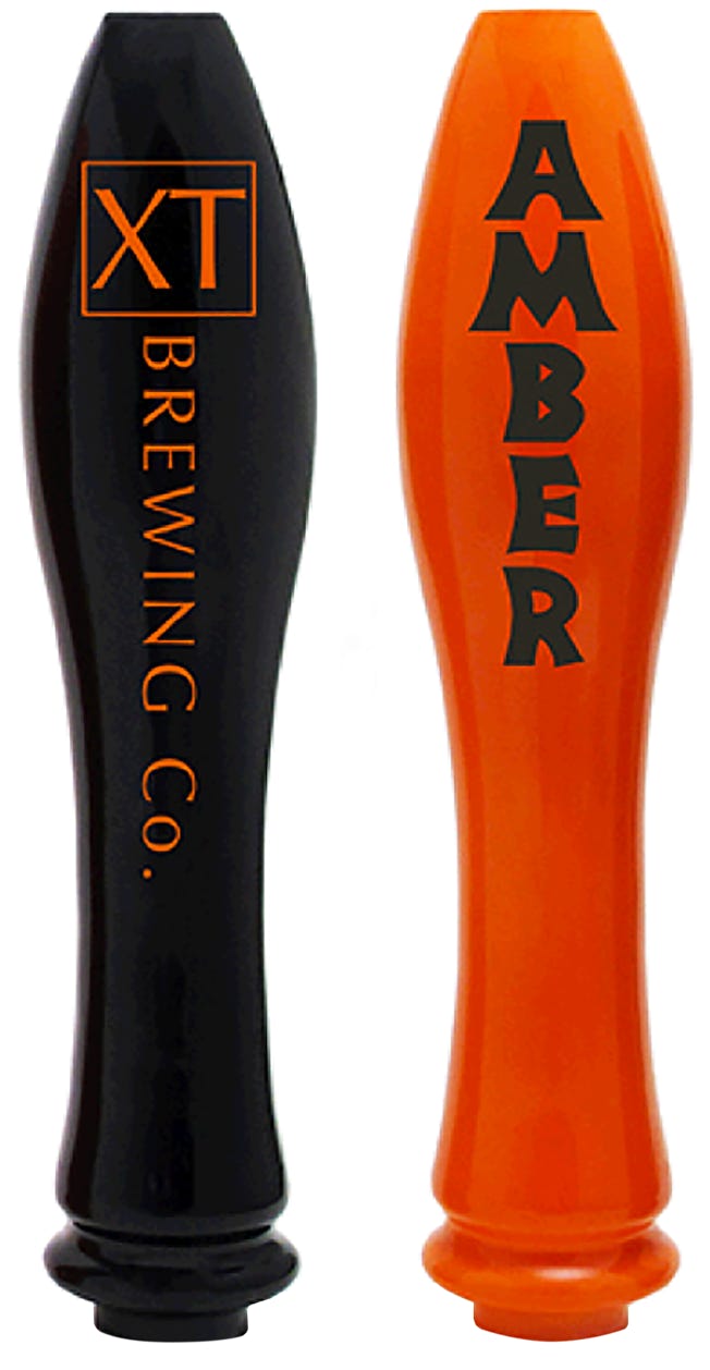 Orange and black glazed beer pump handles with coloured glazes and prints