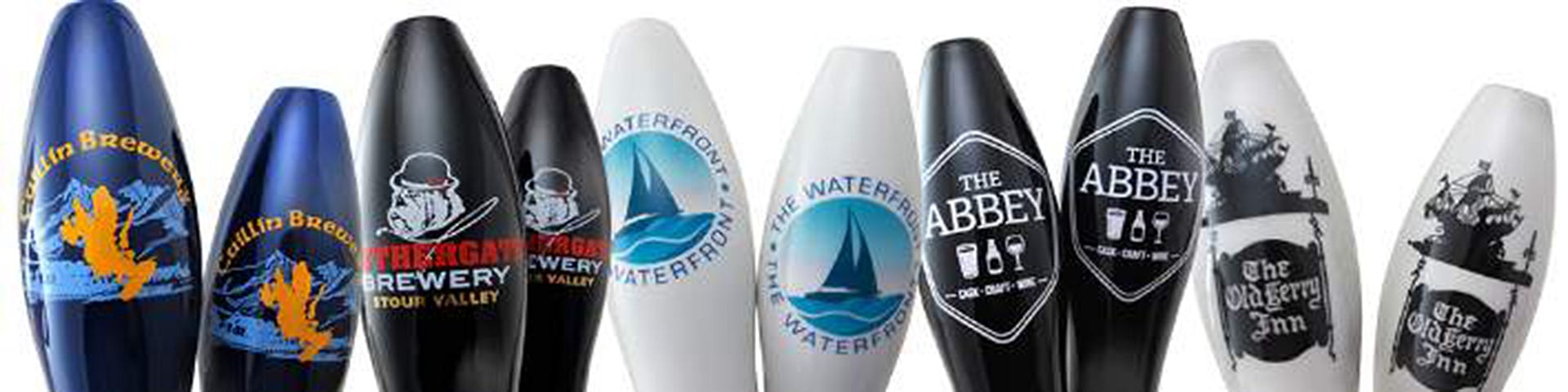 Custom printed beer pump handles with coloured glazes and logo prints, beer pump handles, custom printed for pubs, custom printed for breweries, with logo designs, bar accessory