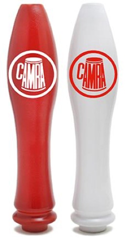 Red & white Camra beer pump handles