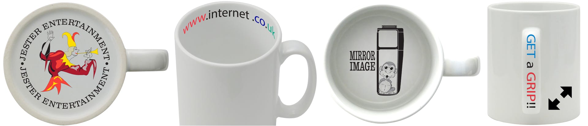 Mugs showing various positions for the print, backstamp on base, inside top rim, bottom of mug, mug handle