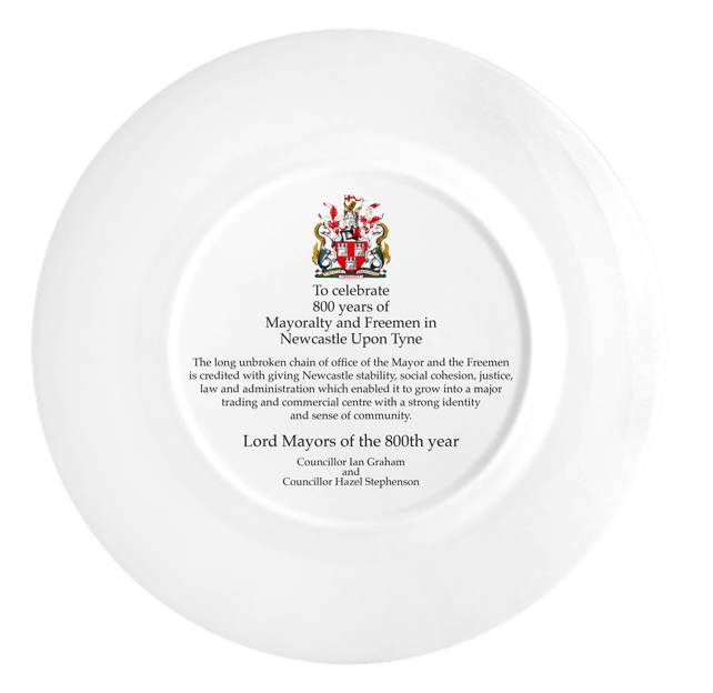 Anniversary text and coat of arms of the back of a bone china plate